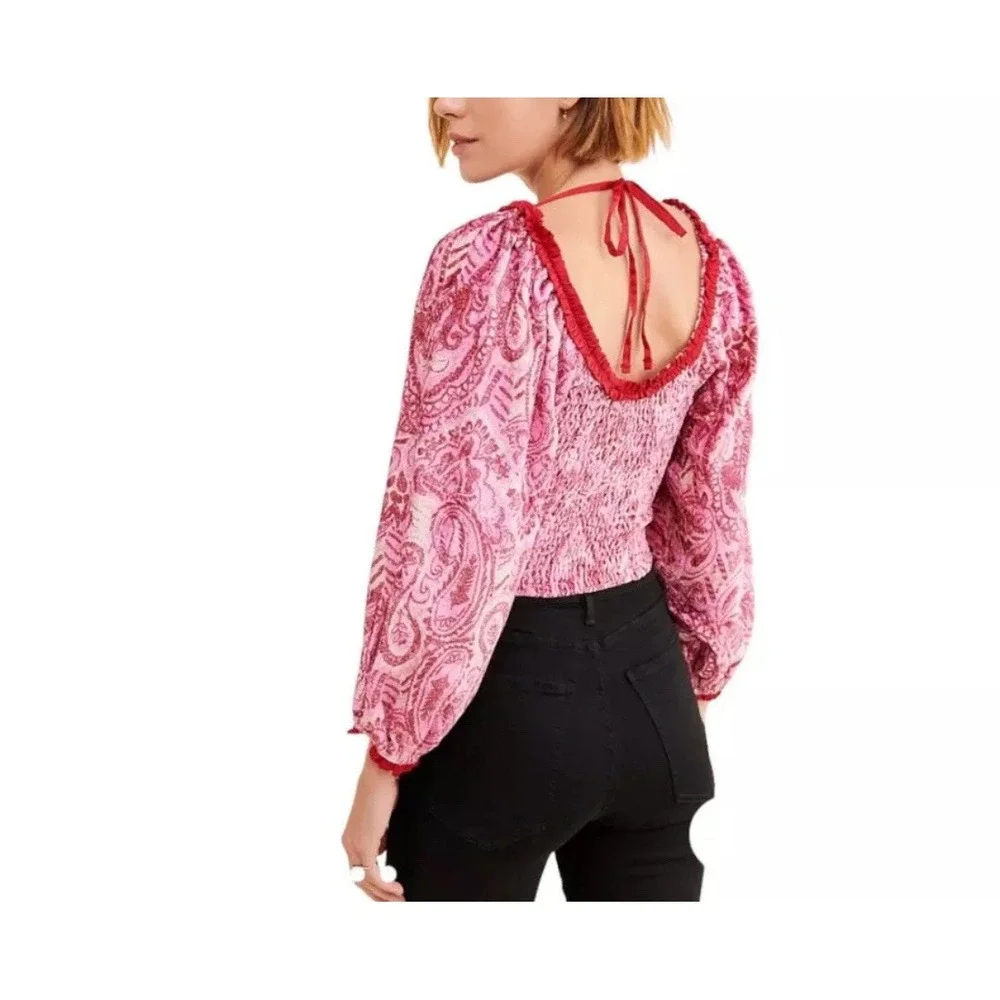Free People Dare Me Velvet Cropped Blouse Pink Paisley Smocked Cropped Blouse XS